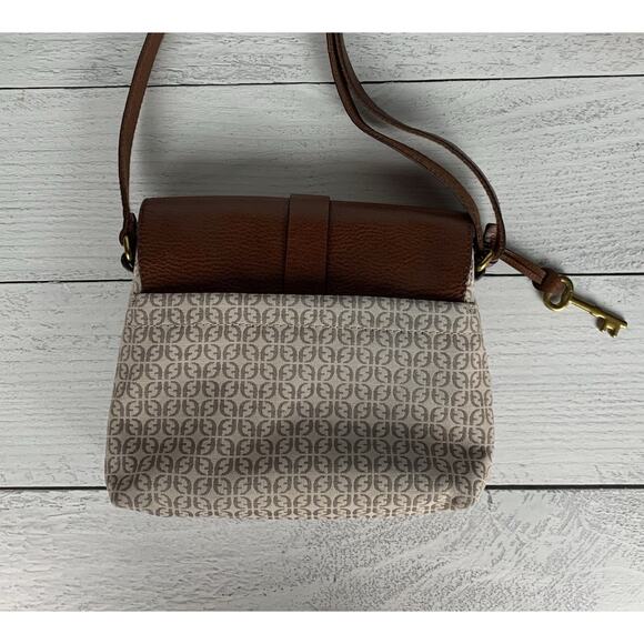 Fossil Women's Brown Leather Printed Fabric Crossbody Cute Shoulder Bag Purse - Picture 13 of 15